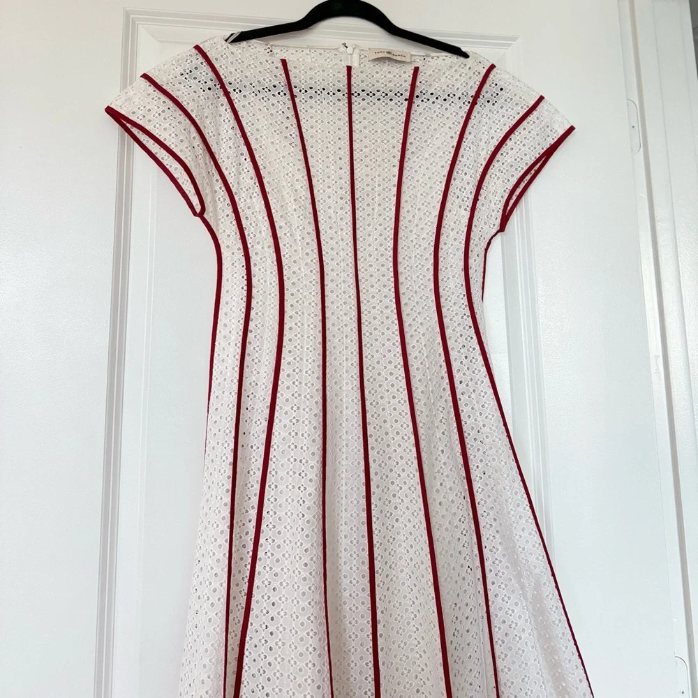 EUC Tory Burch White Eyelet Dress with Red Accents